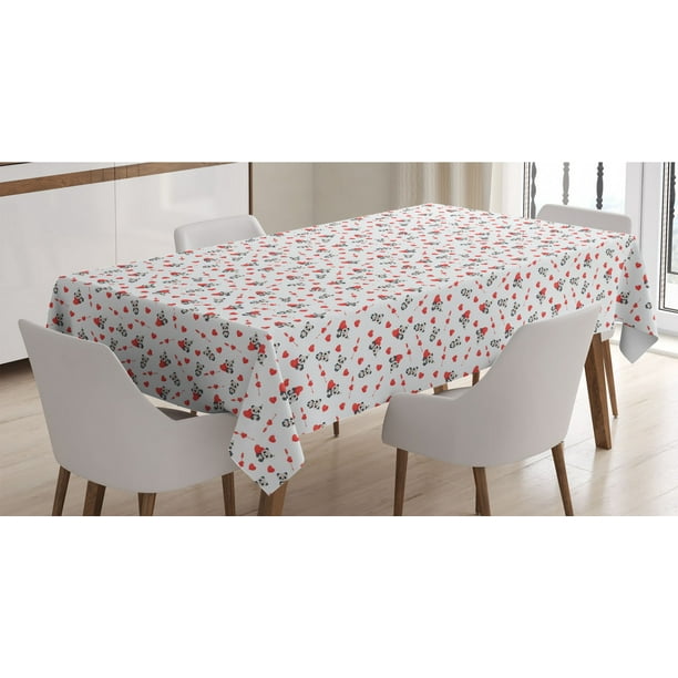 Rectangle Satin Table Cover Accent for Dining Room and Kitchen Vermilion Beige Black Ambesonne Love Tablecloth Panda Bear in Love Sitting with Vivid Heart and Arrows 60 X 84 